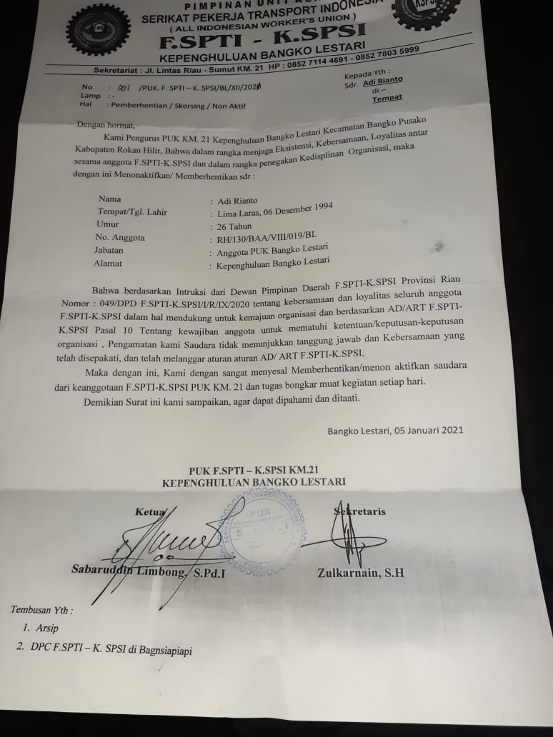 Dukung AMAN Di Pilkada, Anggota SPSI di Balam Kena Pecat