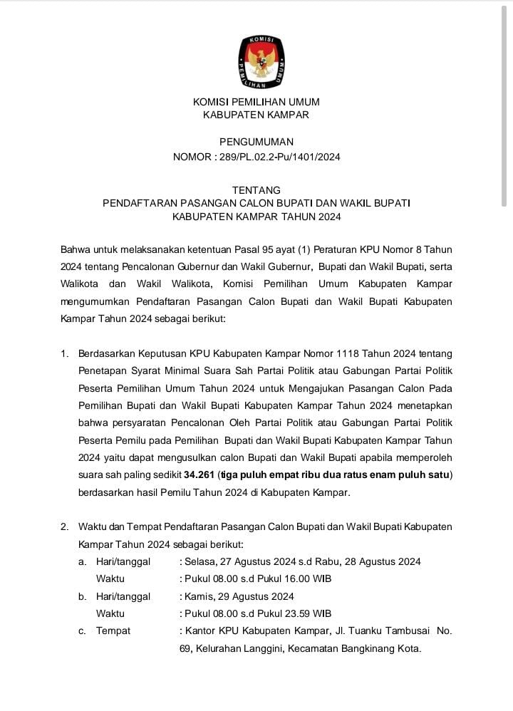 PENGUMUMAN TENTANG PENDAFTARAN PASLON BUPATI & WAKIL BUPATI KAMPAR