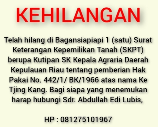 Berita Kehilangan Surat Tanah (SKPT) Atas Nama : Ke Tjing Kang