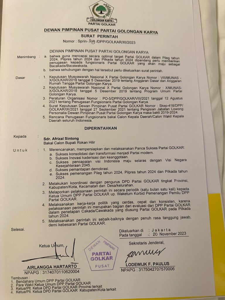 Surat Perintah DPP Golkar Tunjuk Afrizal Sintong Sebagai Calon Bupati Rohil 2024