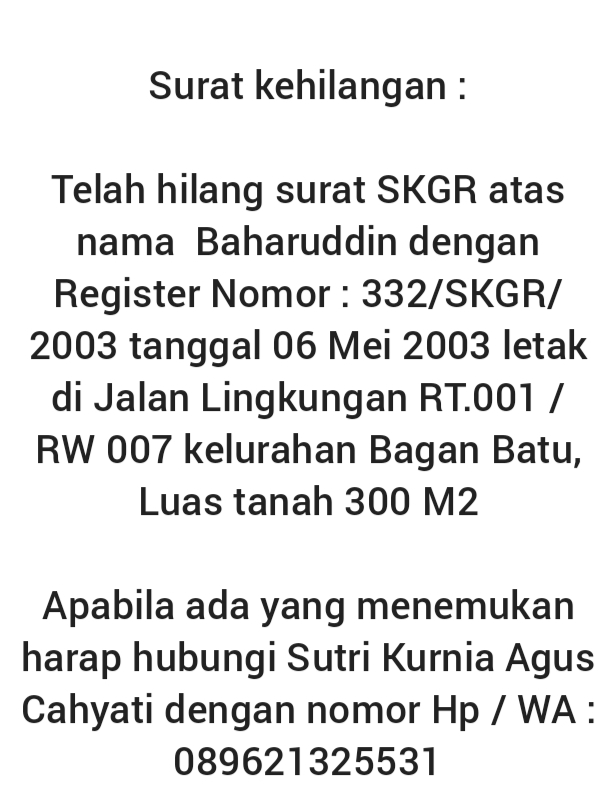 Berita Kehilangan Surat Tanah SKGR An.Baharuddin
