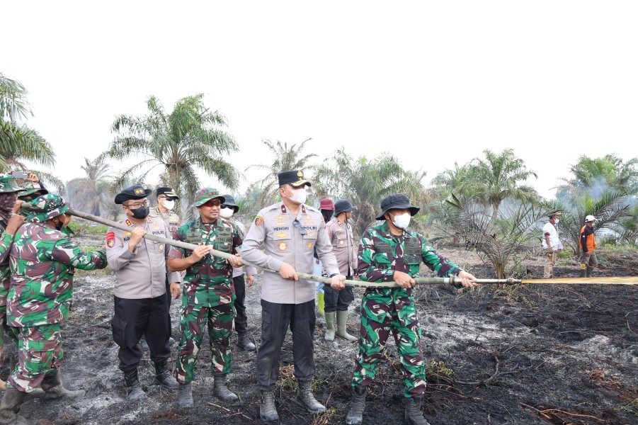 Cegah Karhutla Meluas,Wakapolda Riau dan Irdam XIX/TT Turun Langsung Padamkan Api di Pasir Limau Kap