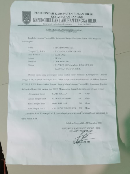 Labuhan Tangga Hilir Kabarkan Kehilangan Surat Tanah Milik Biantoro Muska