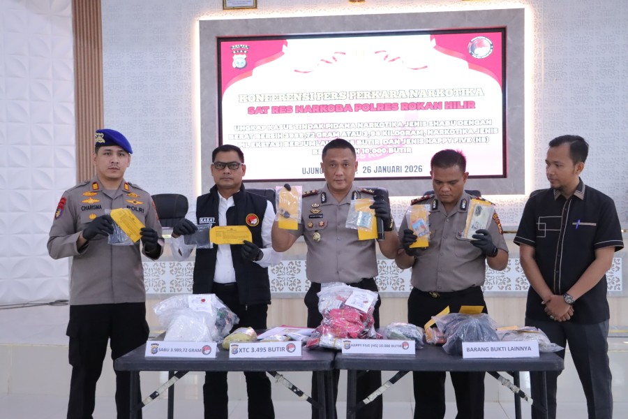 Polres Rohil Ungkap Jaringan Narkotika Internasional, Amankan 3,98 Kg Sabu, Ribuan Ekstasi dan Happy
